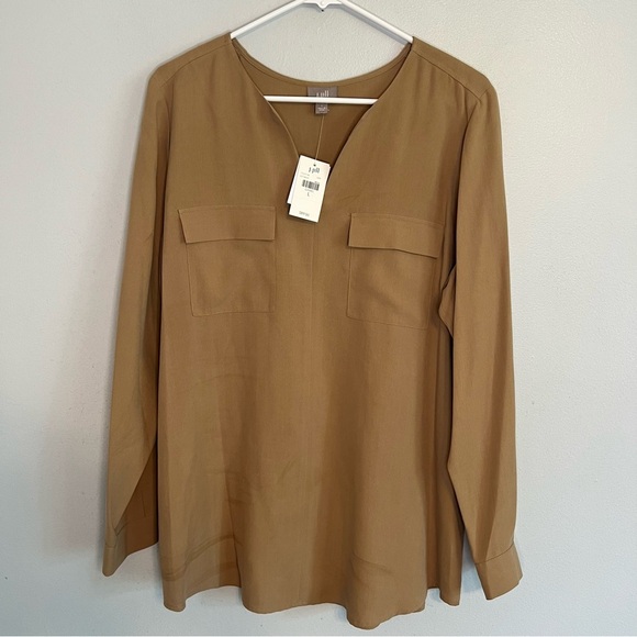 NWT J Jill 100% Silk V Neck Pullover Blouse Tan Sz L Preppy Office Career - Picture 1 of 11